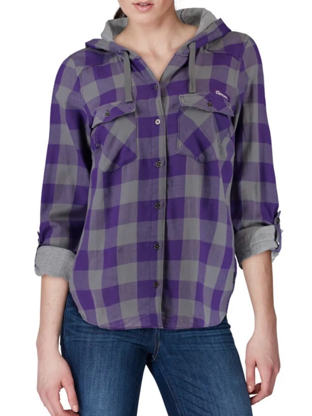 Columbia Clemson Tigers Shirt Women’s Purple Gray Plaid Flannel Hooded